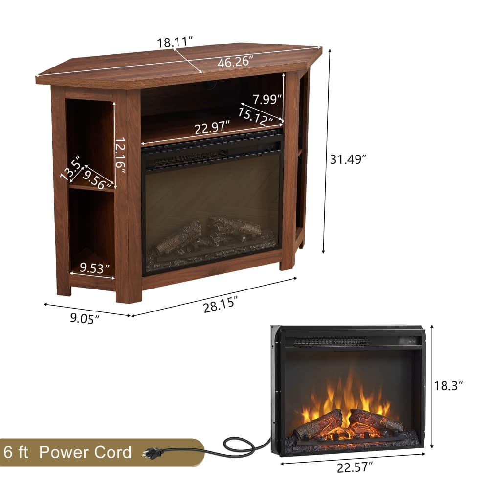 Walnut 44" Corner Fireplace TV Stand up to 50" with 1400W Electric Fireplace & Smart Remote Size