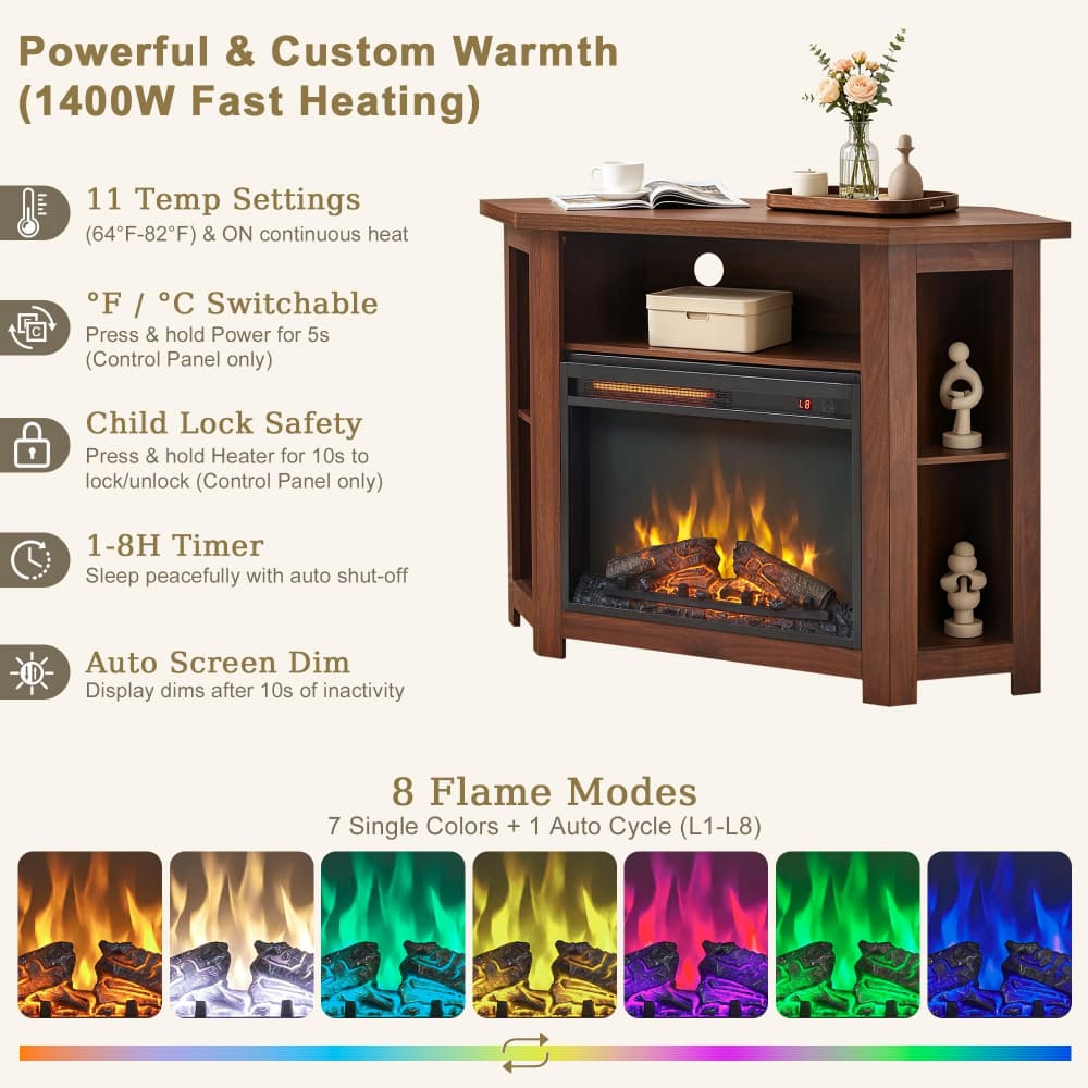 Walnut 44" Corner Fireplace TV Stand up to 50" with 1400W Electric Fireplace & Smart Remote