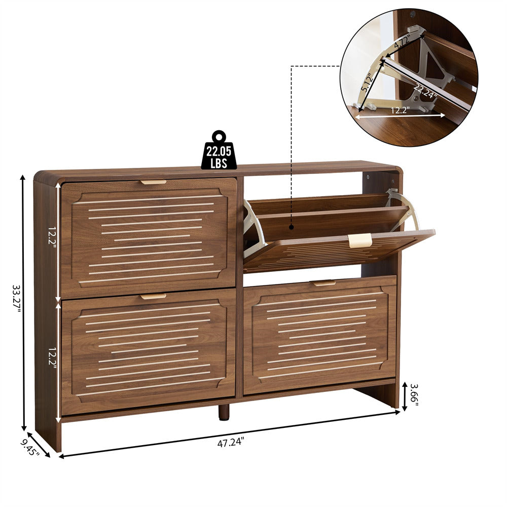 Wooden shoe cabinet with open door showing storage space, dimensions labeled, and weight indicator.