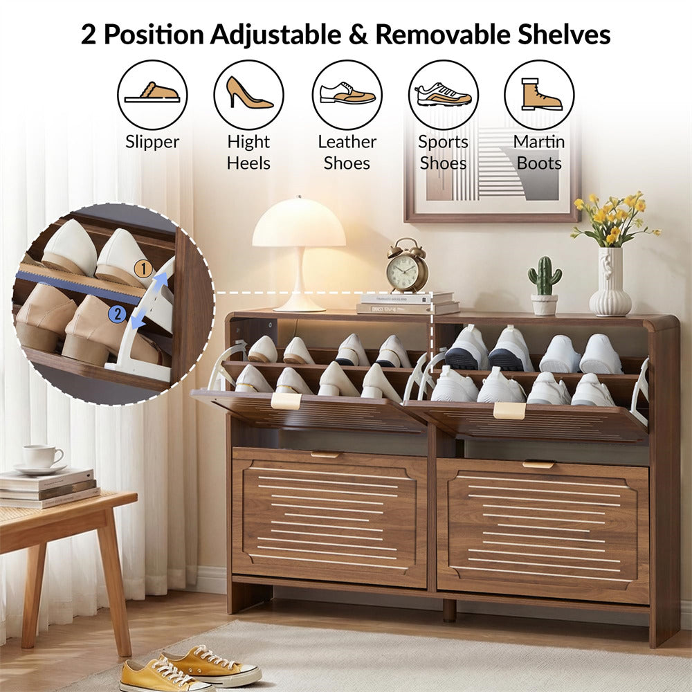 Wooden shoe cabinet with adjustable shelves in a room setting