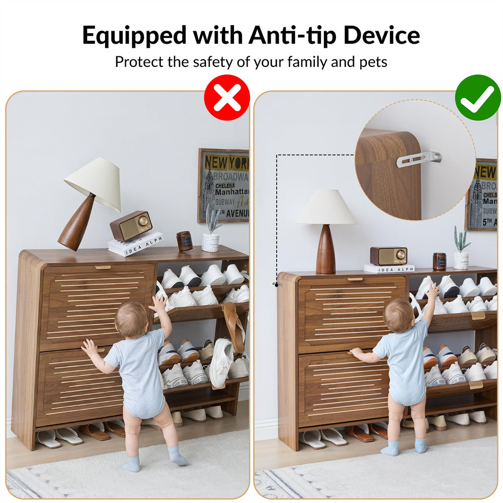 Wooden shoe cabinet with anti-tip device feature, showing a child attempting to tip it over on a light gray background.