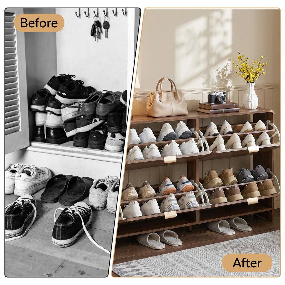 Before and after comparison of a shoe storage solution with shoes neatly organized on shelves.