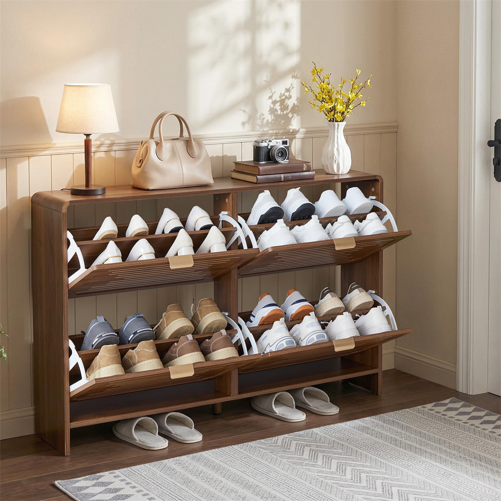Wooden shoe rack with various shoes in a room setting.