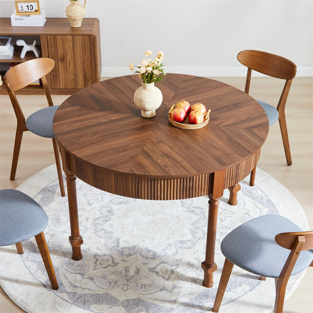 Walnut 47 Inch Modern Fluted Round Dining Table with 2 Drawers for 4-6 People