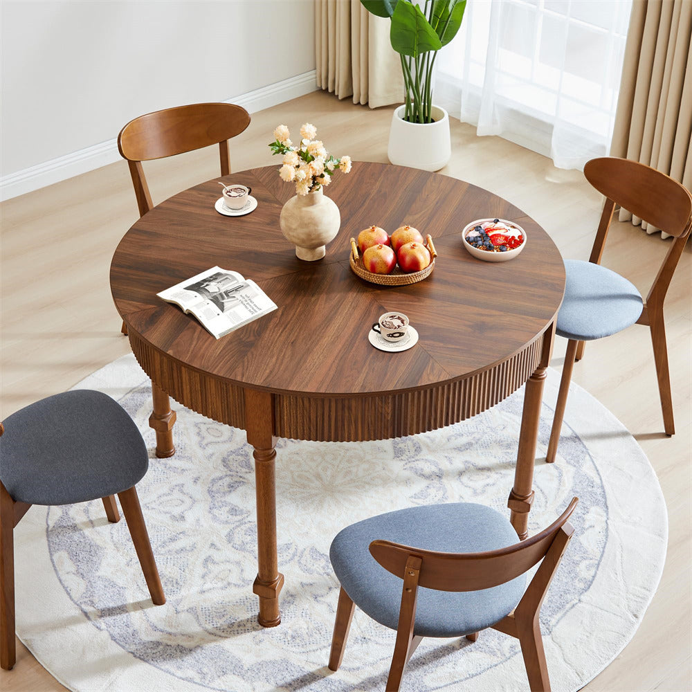 Walnut 47 Inch Modern Fluted Round Dining Table with 2 Drawers for 4-6 People