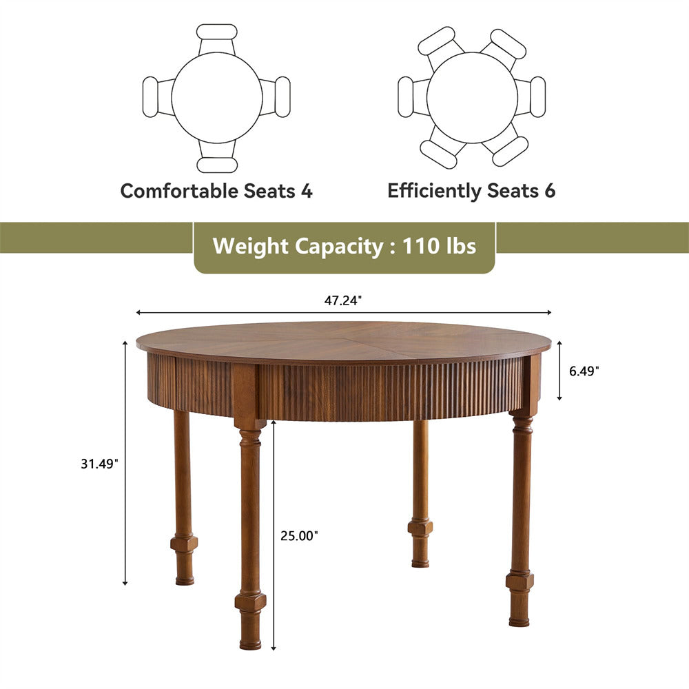 Walnut 47 Inch Modern Fluted Round Dining Table with 2 Drawers for 4-6 People