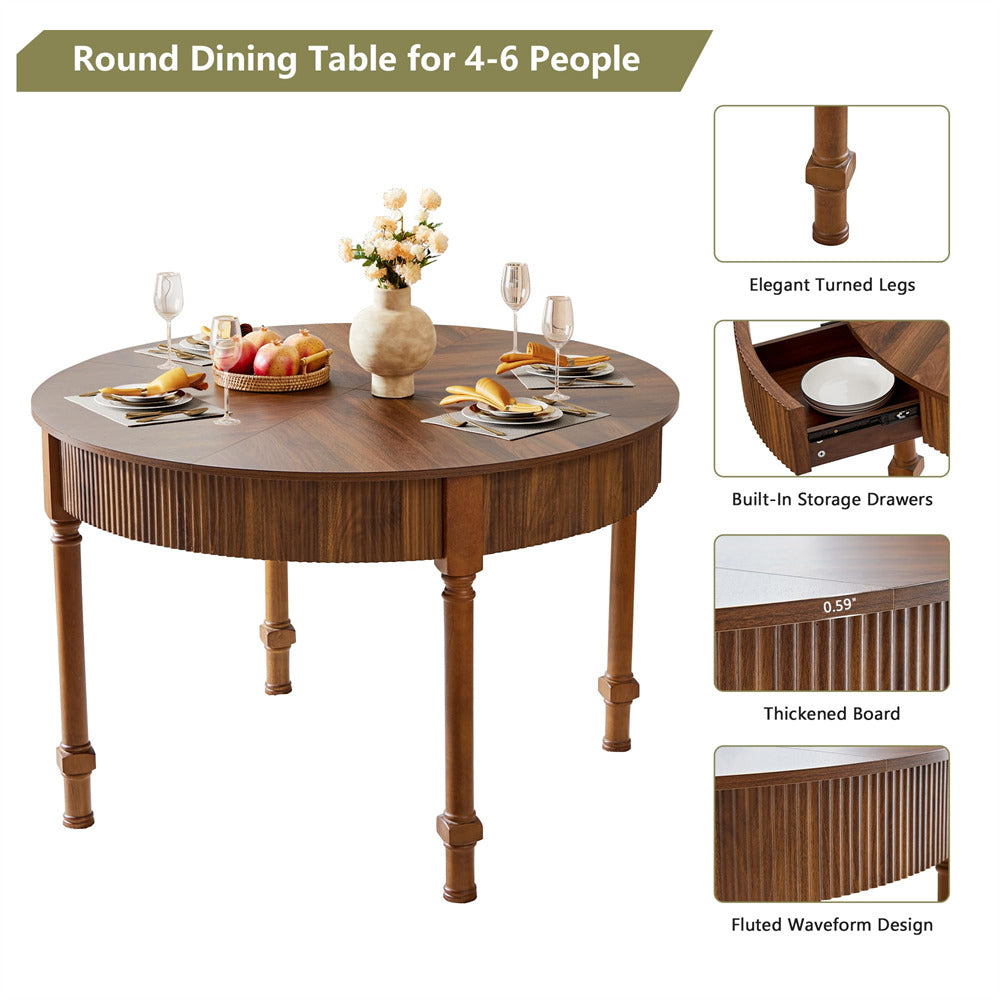 Walnut 47 Inch Modern Fluted Round Dining Table with 2 Drawers for 4-6 People