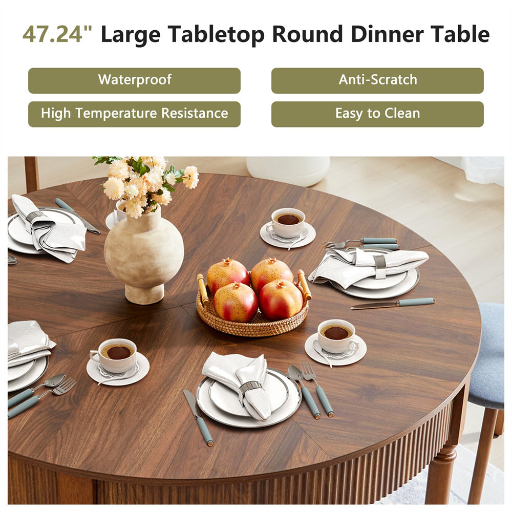 Walnut 47 Inch Modern Fluted Round Dining Table with 2 Drawers for 4-6 People