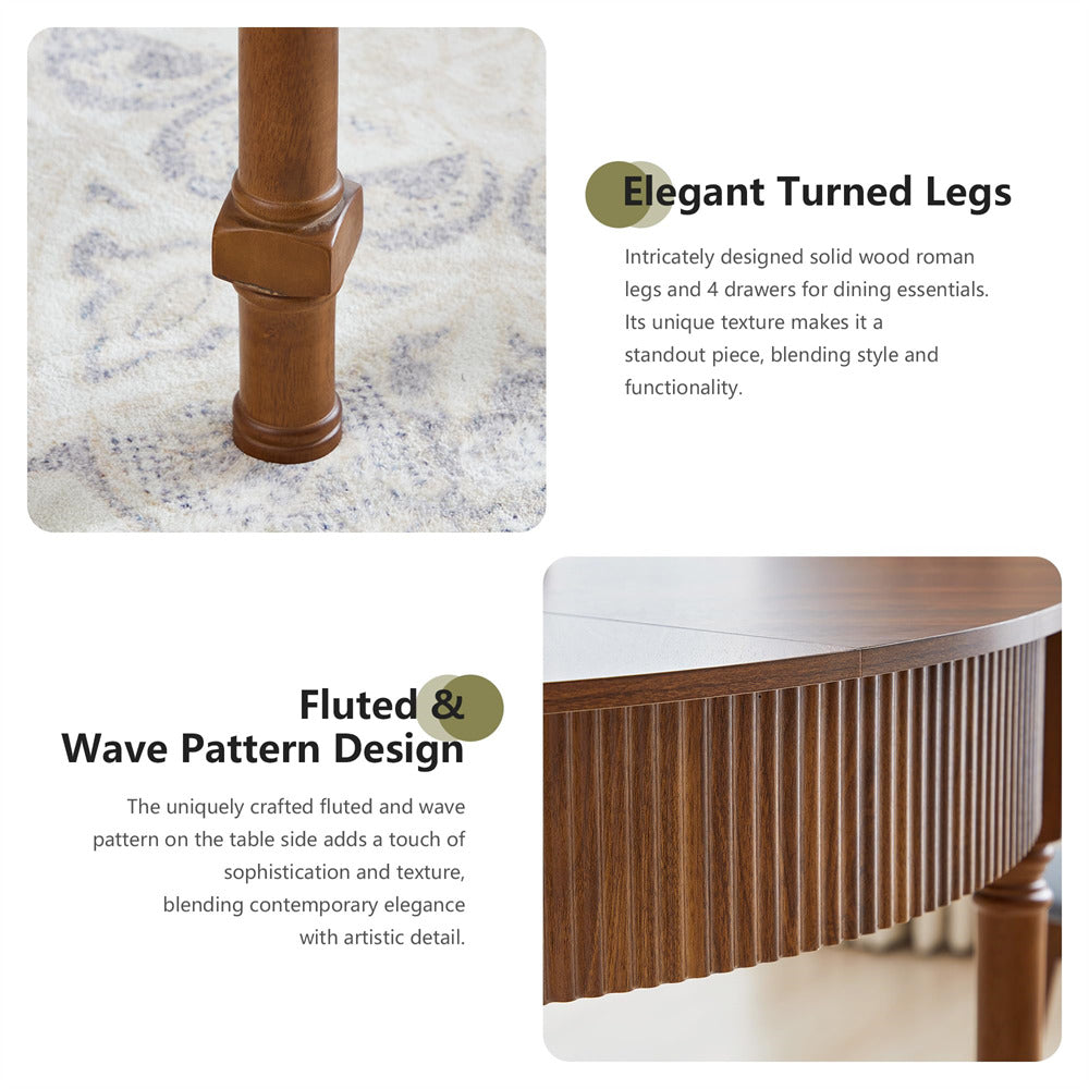 Walnut 47 Inch Modern Fluted Round Dining Table with 2 Drawers for 4-6 People