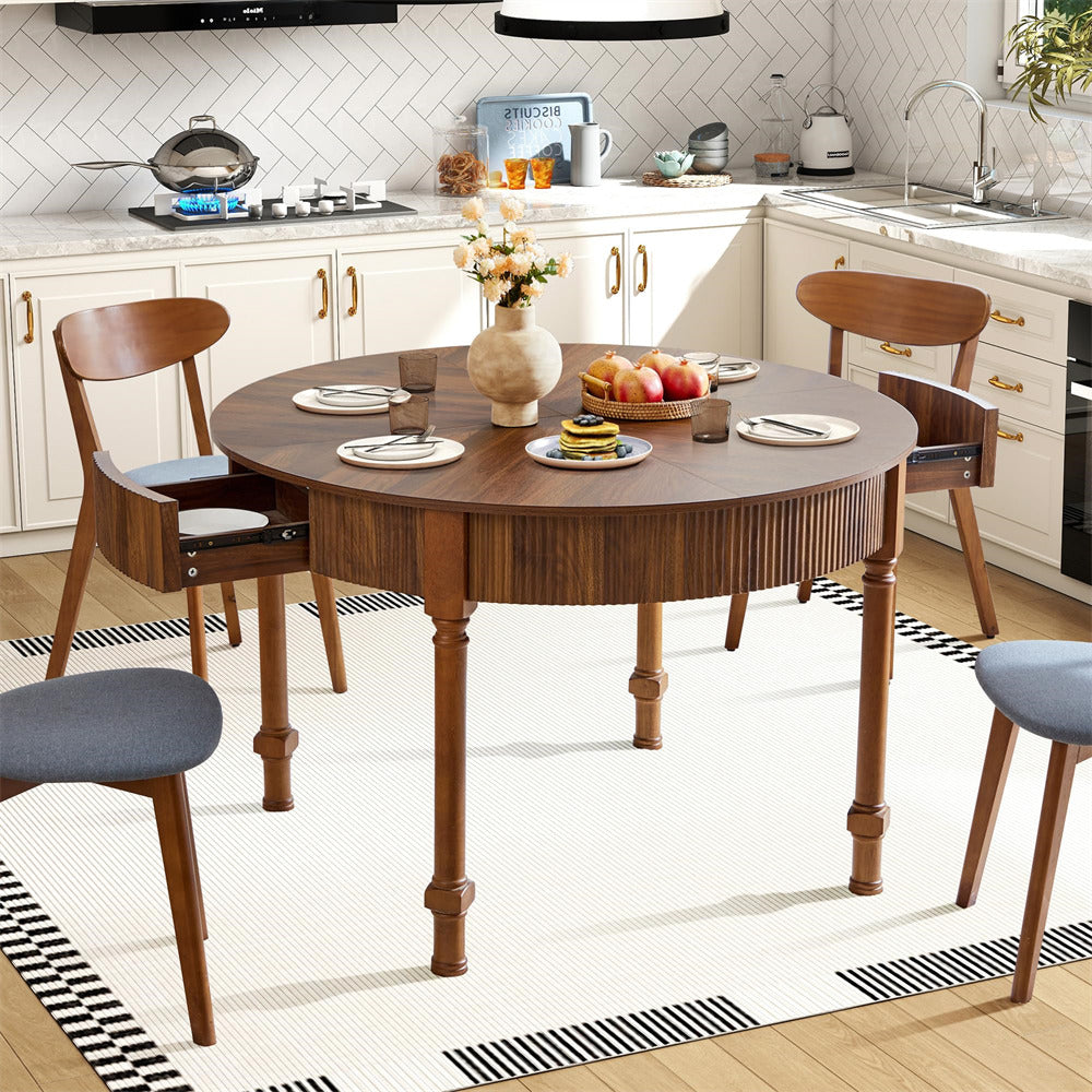 Walnut 47 Inch Modern Fluted Round Dining Table with 2 Drawers for 4-6 People