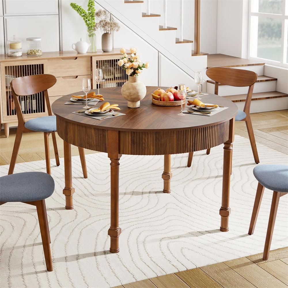 Walnut 47 Inch Modern Fluted Round Dining Table with 2 Drawers for 4-6 People