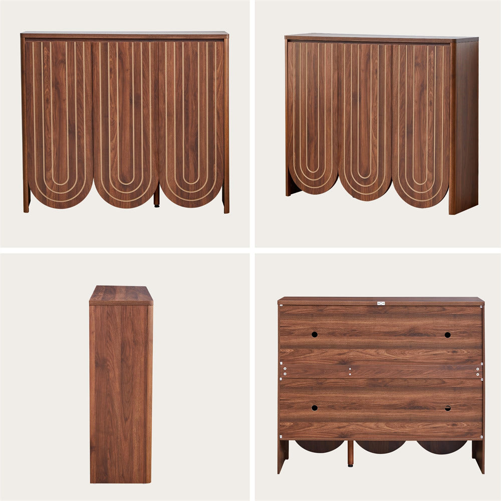 Walnut 47" Mid-Century Modern Wooden Large Shoe Cabinet with Adjustable Shelves with 3 Arched Doors