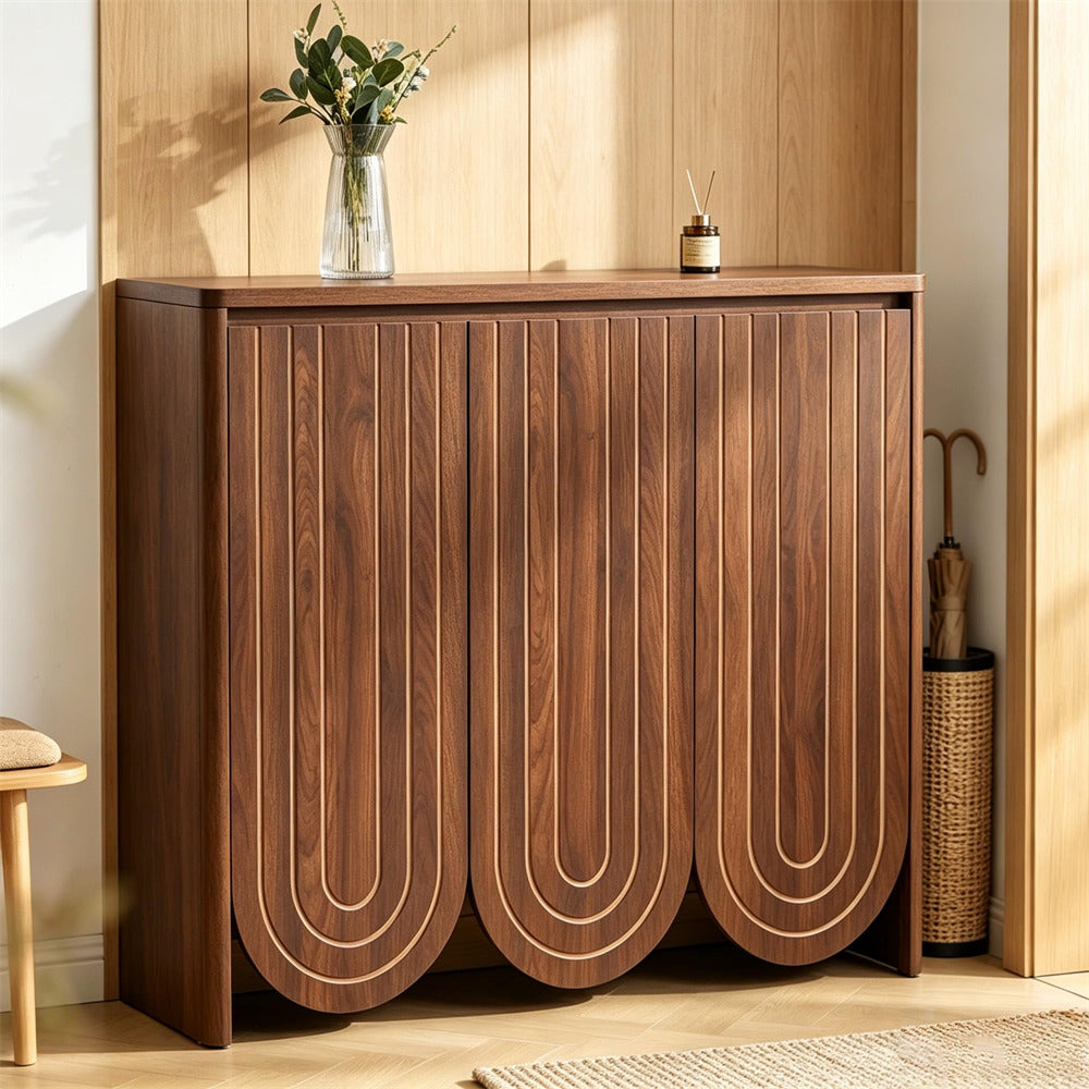 Walnut 47" Mid-Century Modern Wooden Large Shoe Cabinet with Adjustable Shelves with 3 Arched Doors