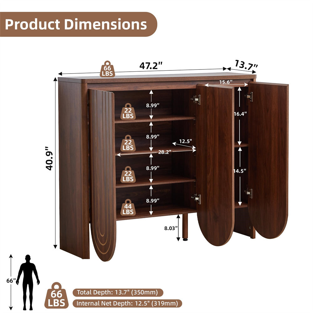 Product dimensions diagram of a dark brown wooden sideboard cabinet with open doors, showing measurements for height, width, depth, and interior space, along with weight labels and a small silhouette figure on a white background.