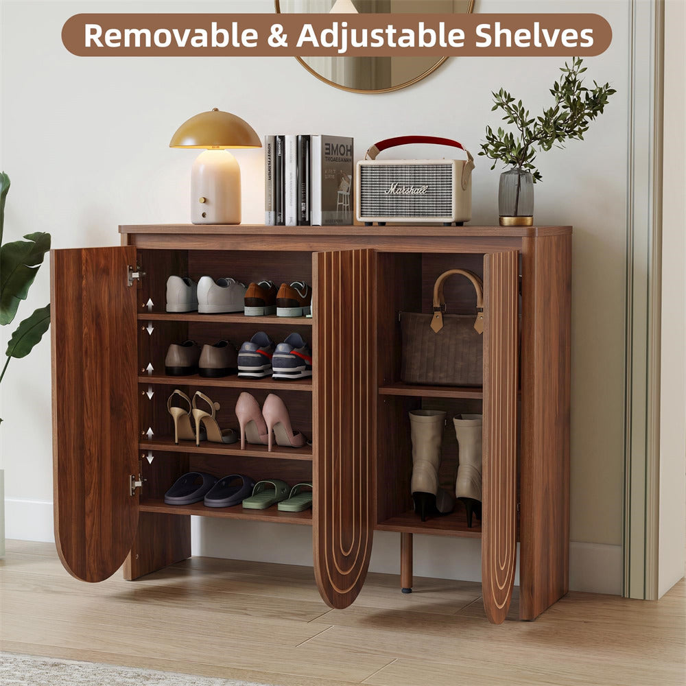 Walnut 47" Mid-Century Modern Wooden Large Shoe Cabinet with Adjustable Shelves with 3 Arched Doors