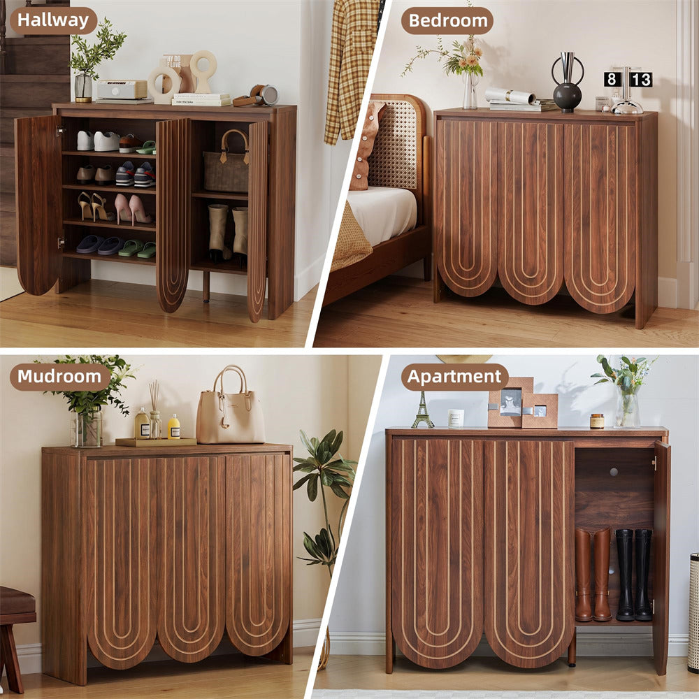 Walnut 47" Mid-Century Modern Wooden Large Shoe Cabinet with Adjustable Shelves with 3 Arched Doors