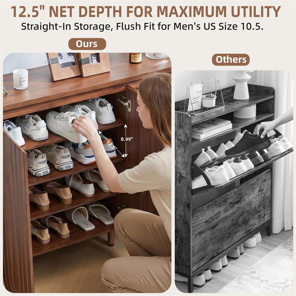 Walnut 47" Mid-Century Modern Wooden Large Shoe Cabinet with Adjustable Shelves with 3 Arched Doors