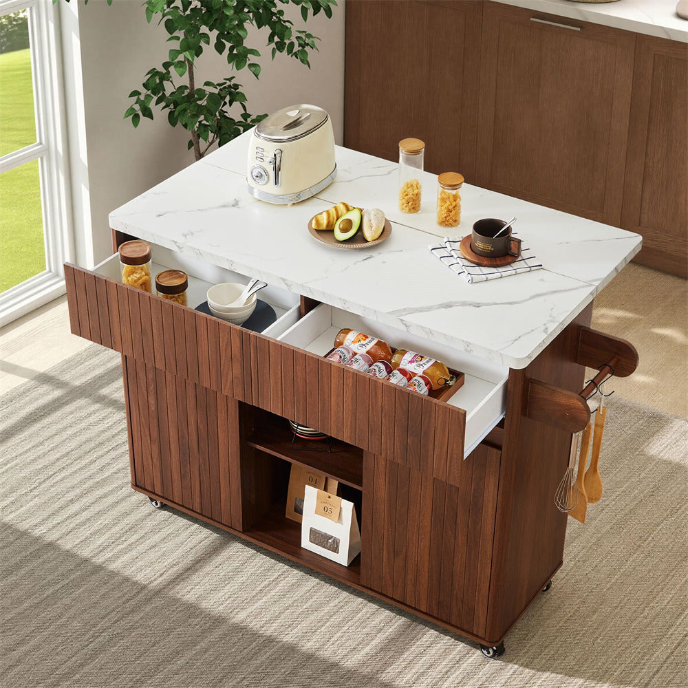 Walnut 47" Mobile Kitchen Island Faux Marble Top Rolling Kitchen Cart on Wheels with Drop Leaf