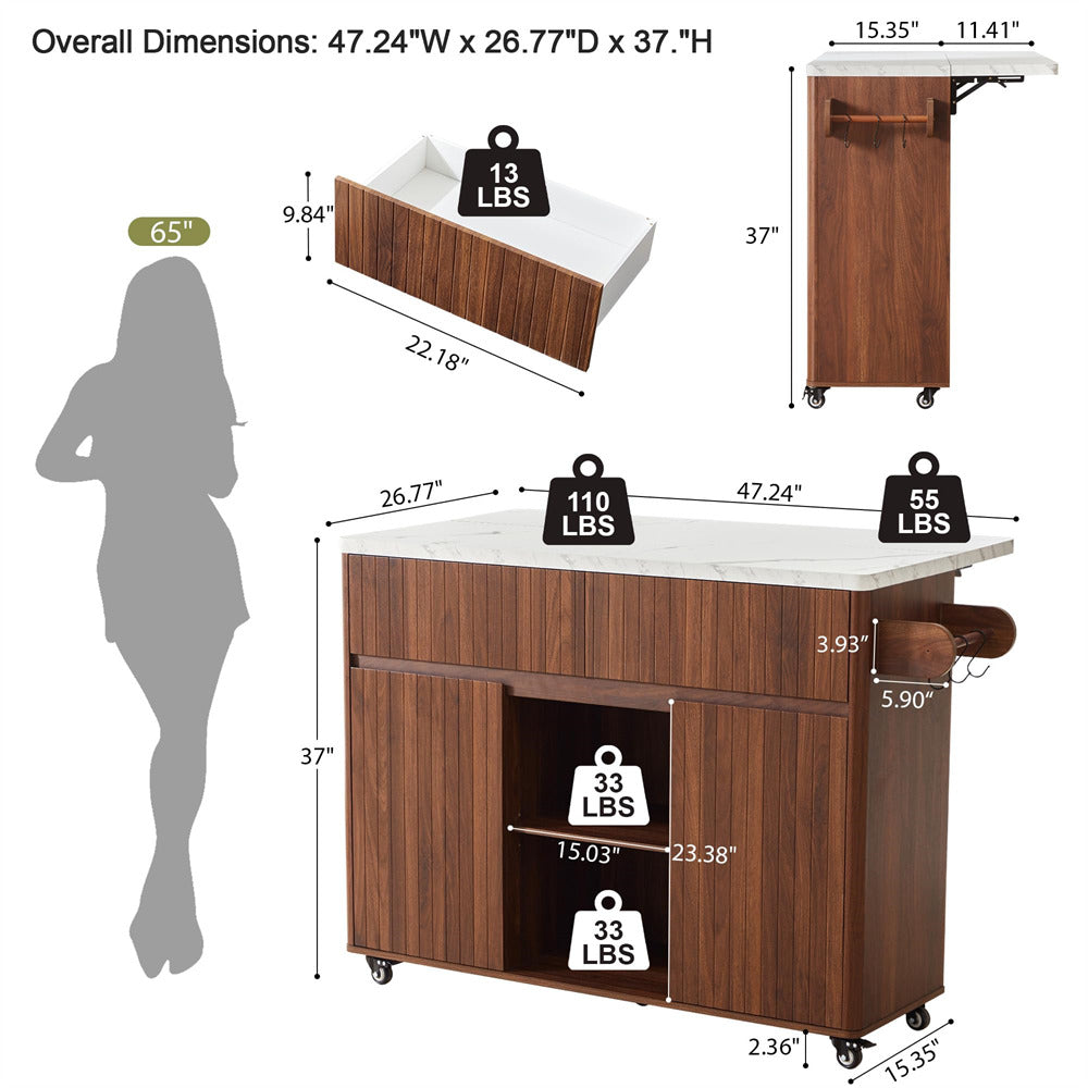 Wooden kitchen island with dimensions and weight indicators, shown with a silhouette for scale.