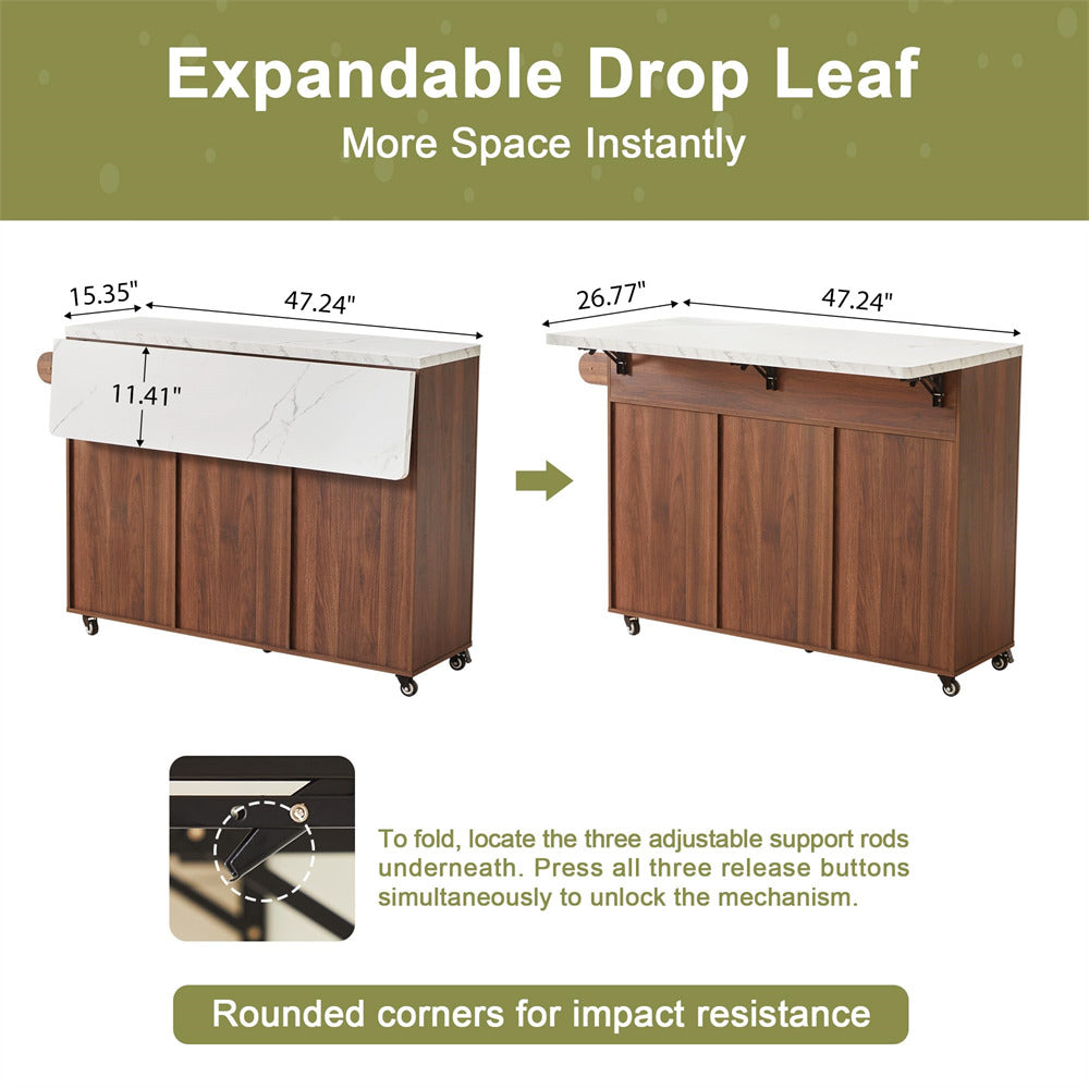 Expandable drop leaf table with measurements and assembly instructions on a white background.