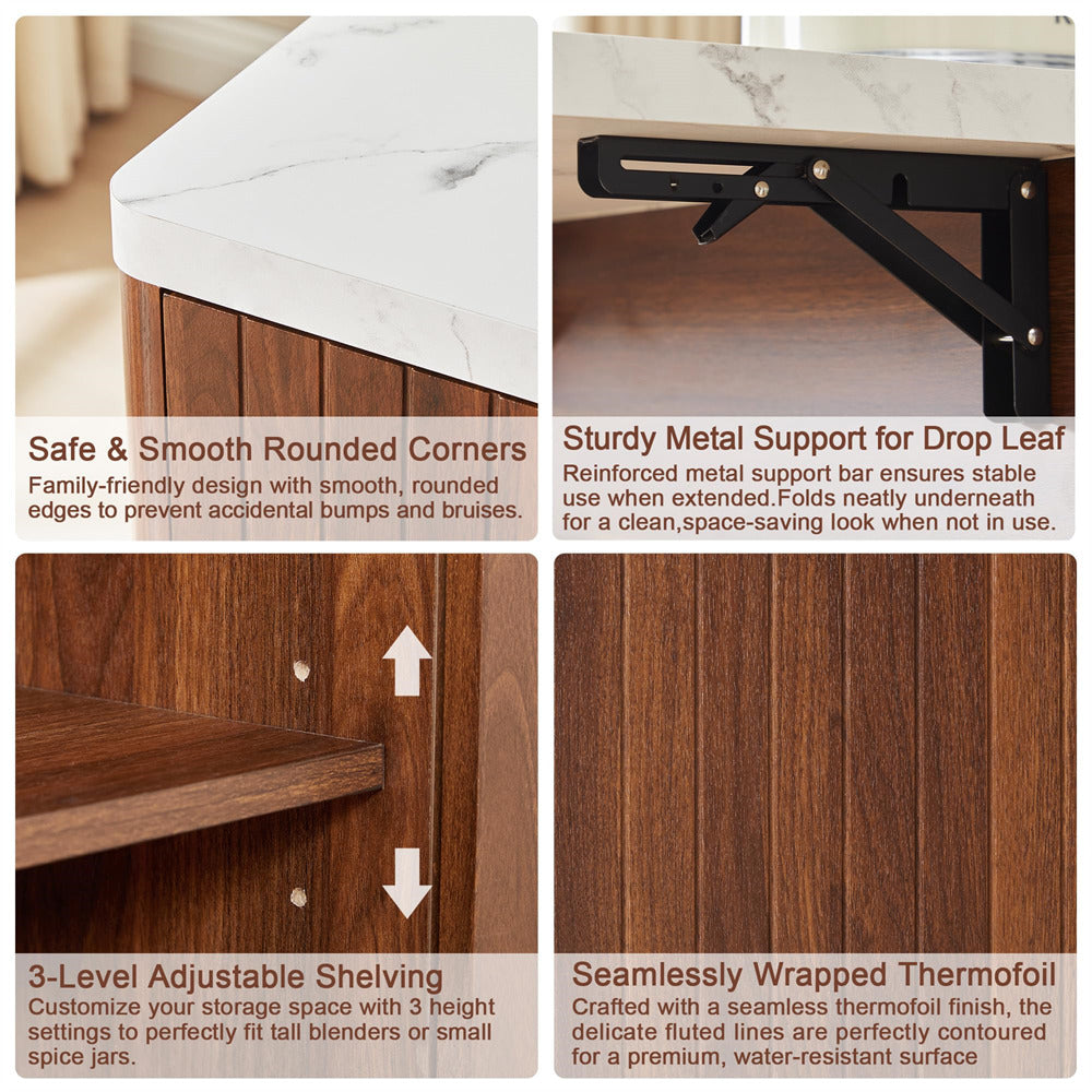 Collage of a wooden table with features highlighted, including rounded corners, metal support, shelving, and thermofoil finish.