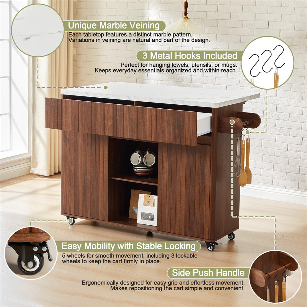 Wooden kitchen island cart with marble top, metal hooks, and wheels in a home setting.