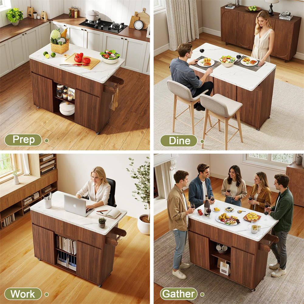 Multifunctional kitchen island with different uses including prep, dine, work, and gather.
