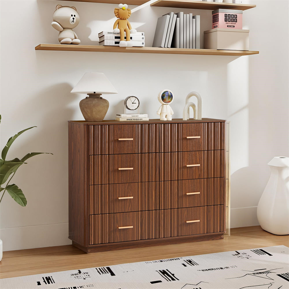 Walnut 47" Wide Modern Wood Fluted 8 Drawers Dresser with Curved Profile Design