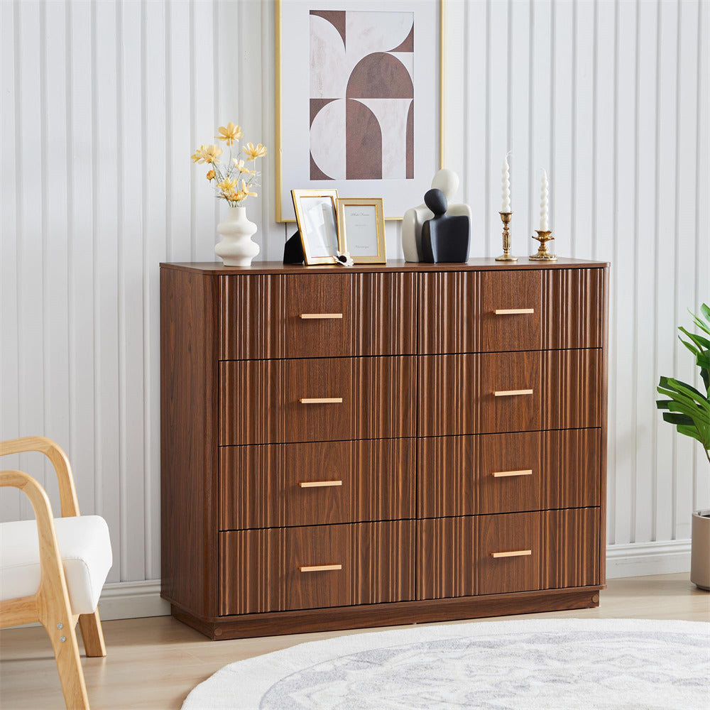 Walnut 47" Wide Modern Wood Fluted 8 Drawers Dresser with Curved Profile Design