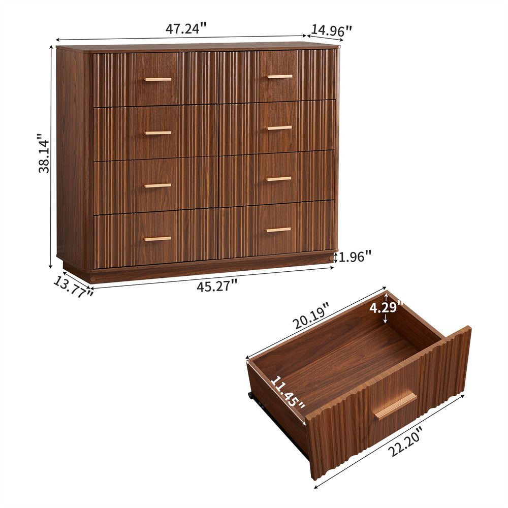 Walnut 47" Wide Modern Wood Fluted 8 Drawers Dresser with Curved Profile Design