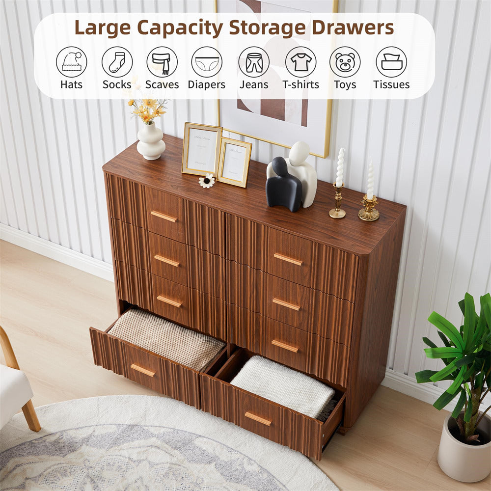 Walnut 47" Wide Modern Wood Fluted 8 Drawers Dresser with Curved Profile Design