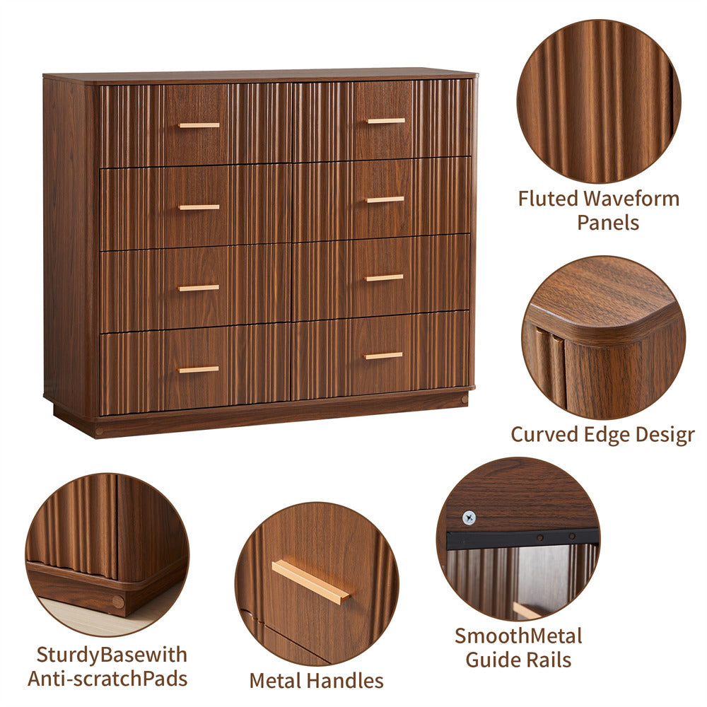 Wooden dresser with fluted waveform panels, curved edge design, metal handles, and smooth metal guide rails.