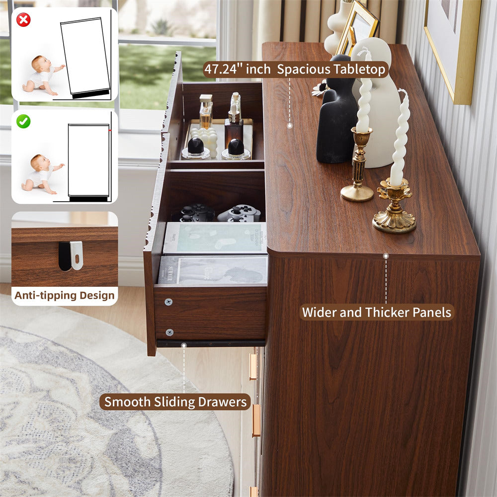 Walnut 47" Wide Modern Wood Fluted 8 Drawers Dresser with Curved Profile Design