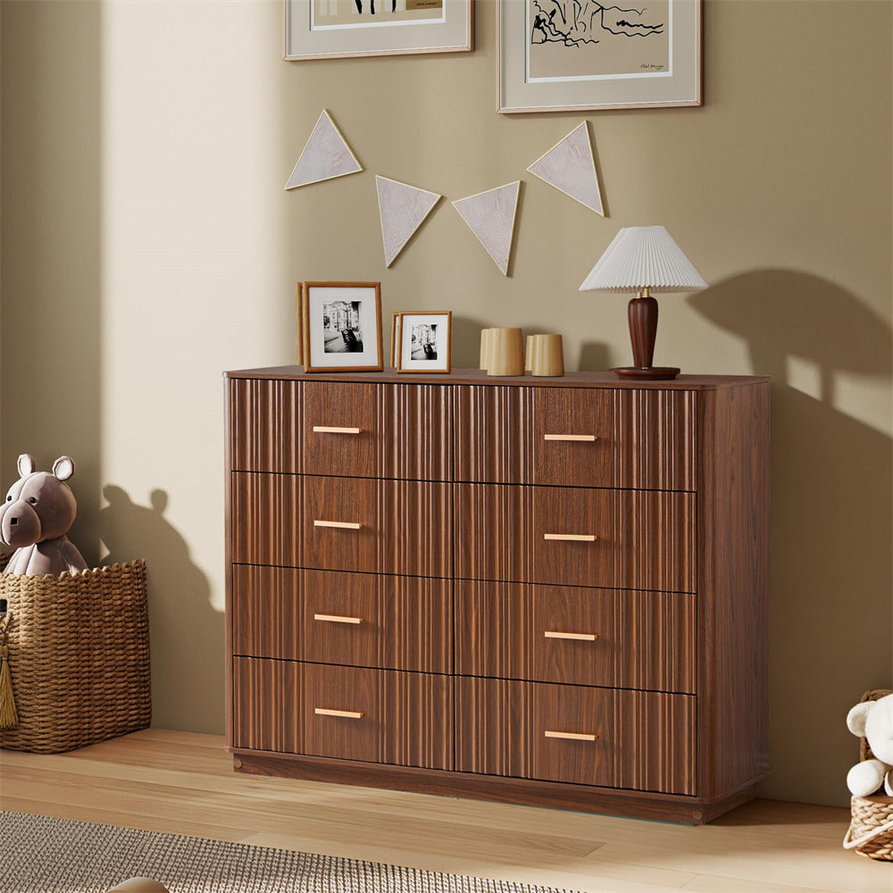 Walnut 47" Wide Modern Wood Fluted 8 Drawers Dresser with Curved Profile Design