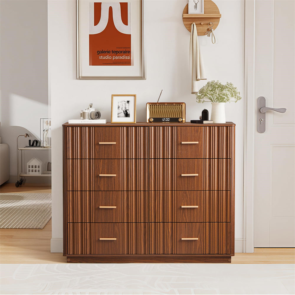 Walnut 47" Wide Modern Wood Fluted 8 Drawers Dresser with Curved Profile Design