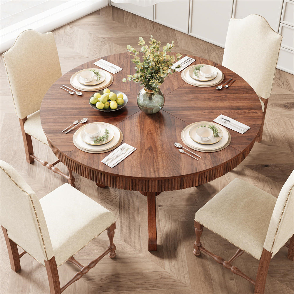Walnut 47” Modern Kitchen Round Dining Table for 4-6 People with 2 Drawers and Wood Pedestal Base
