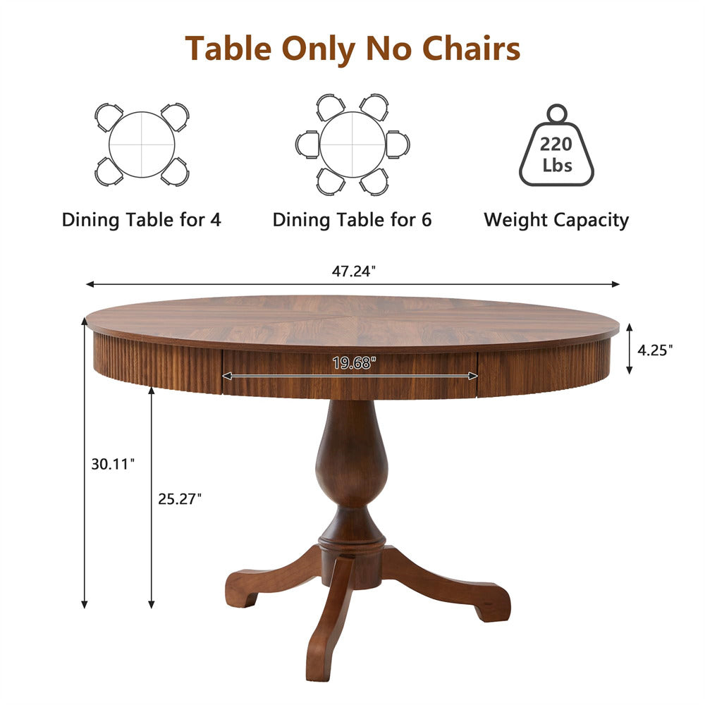 Wooden round dining table with dimensions and weight capacity on a white background