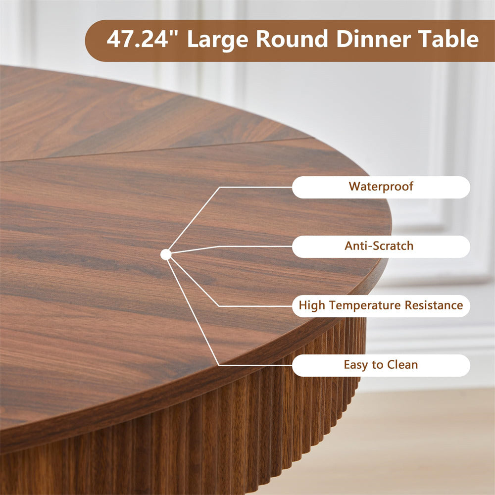 Wooden round dinner table with features listed on a white background