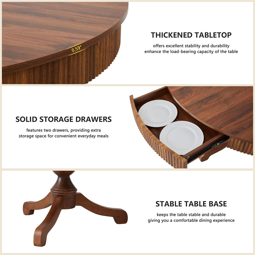 Wooden dining table with thickened tabletop, solid storage drawers, and stable base on a beige background.