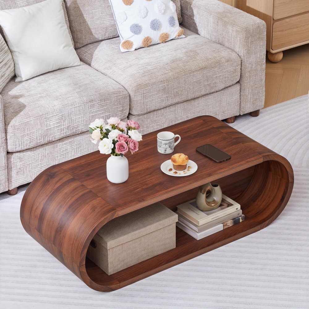 Walnut 47'' Oval Coffee Table 2-Tier Center Table with Storage Shelf