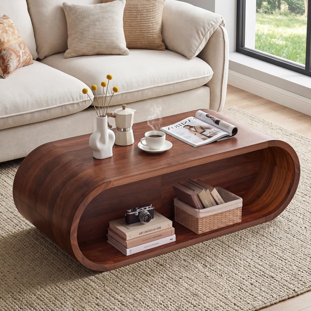 Walnut 47'' Oval Coffee Table 2-Tier Center Table with Storage Shelf