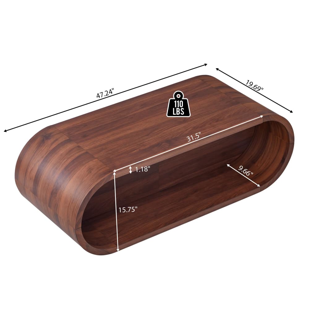 A walnut wood curved shelf with dimension lines and weight overlay on a white background.