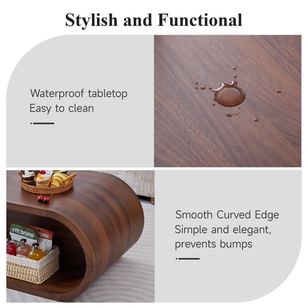 A promotional graphic for a curved wooden coffee table with text callouts: 'Stylish and Functional,' 'Waterproof tabletop Easy to clean,' and 'Smooth Curved Edge Simple and elegant, prevents bumps.' The top-right panel shows a water droplet on the tabletop to demonstrate waterproofing, and the bottom-left panel shows the table in a home setting with baskets and small items on its shelf.