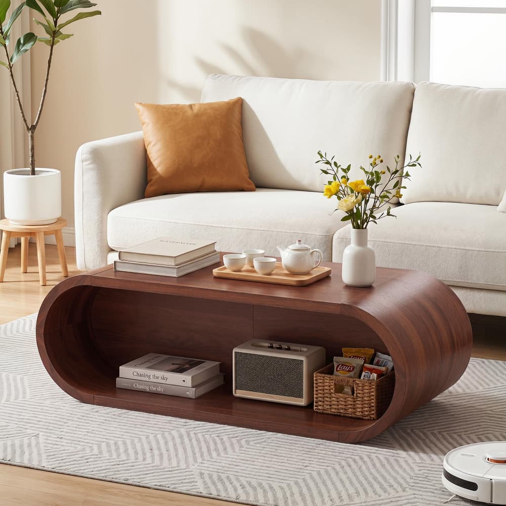 Walnut 47'' Oval Coffee Table 2-Tier Center Table with Storage Shelf
