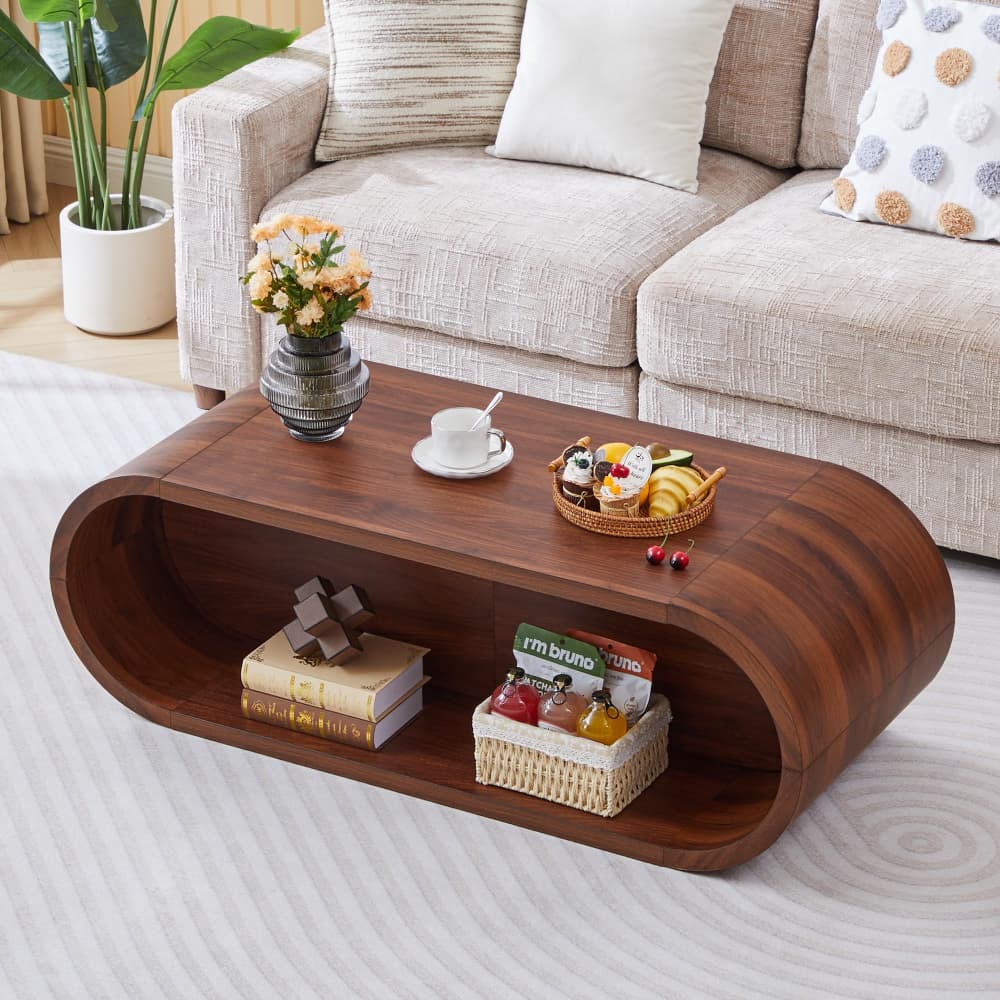 Walnut 47'' Oval Coffee Table 2-Tier Center Table with Storage Shelf