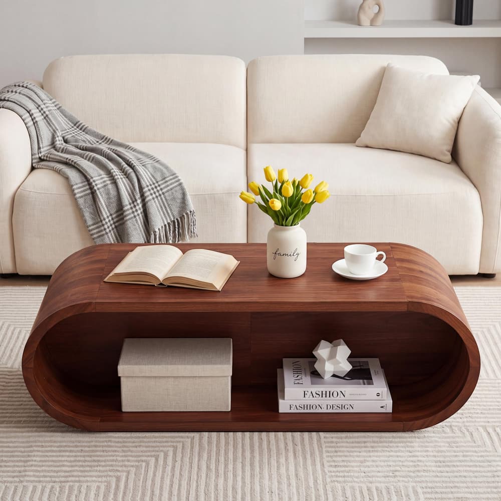 Walnut 47'' Oval Coffee Table 2-Tier Center Table with Storage Shelf