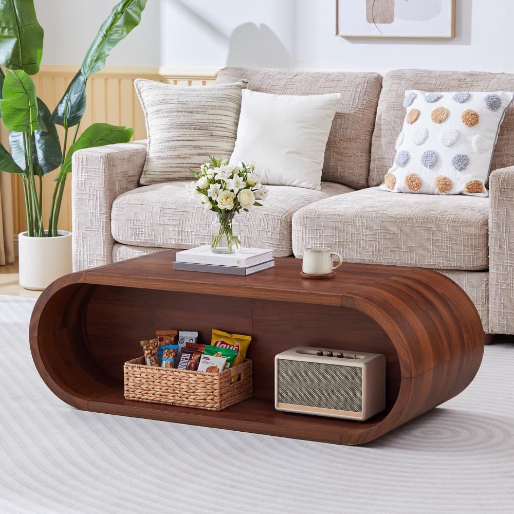 Walnut 47'' Oval Coffee Table 2-Tier Center Table with Storage Shelf