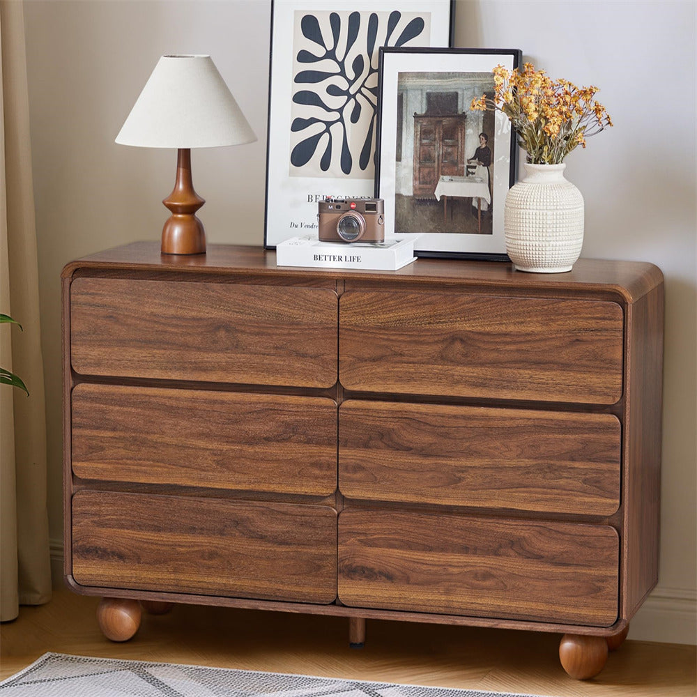 Walnut 48" Wooden 6 Drawer Dresser Chest of Drawers Handle Free & Curved Profile Design
