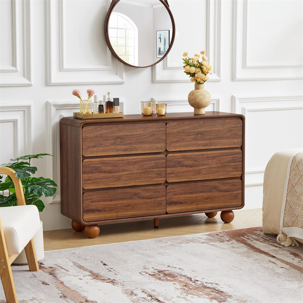 Walnut 48" Wooden 6 Drawer Dresser Chest of Drawers Handle Free & Curved Profile Design