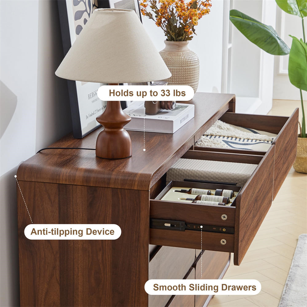 Walnut 48" Wooden 6 Drawer Dresser Chest of Drawers Handle Free & Curved Profile Design
